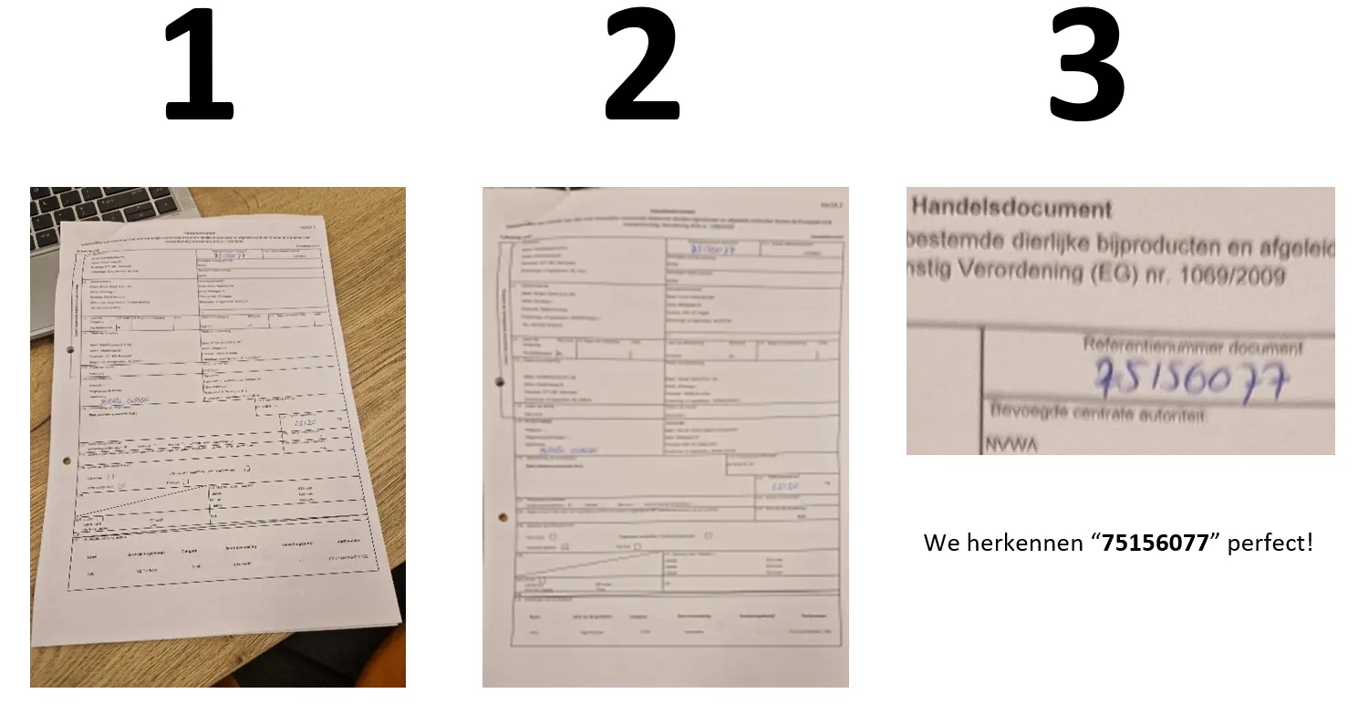 Voor en na voorbeeld van document beeldverbetering met AI