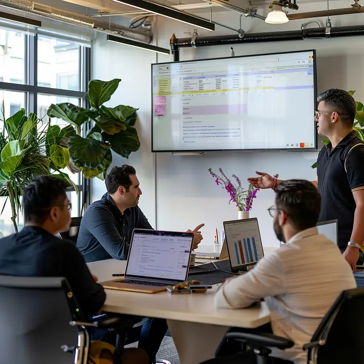 Moderne kantooromgeving met geautomatiseerde document workflows op schermen
