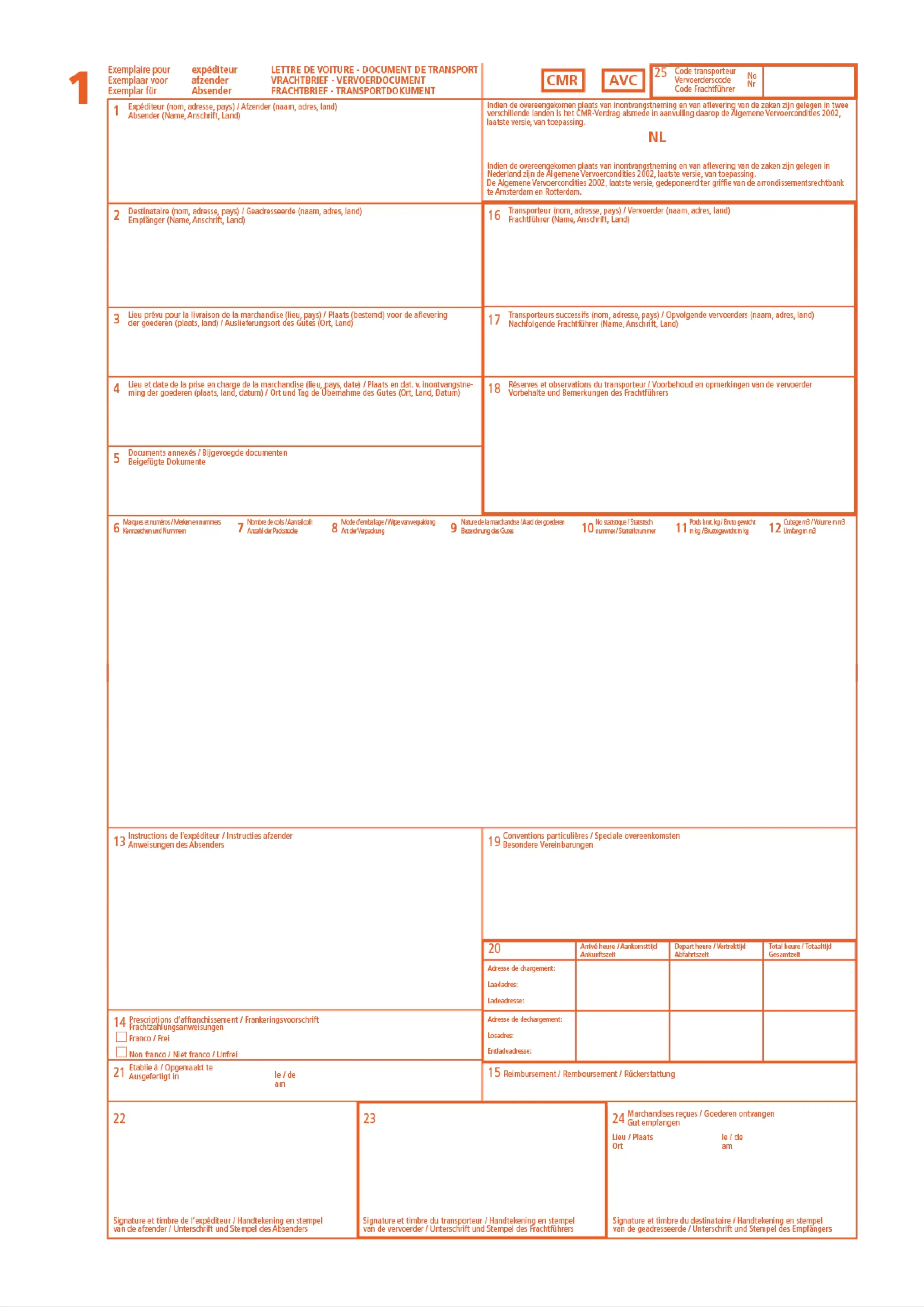 CMR vrachtbrief voorbeeld met alle 24 velden
